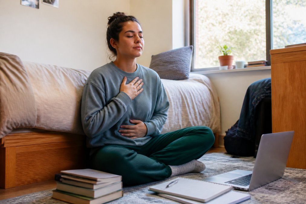 A college student sitting cross-legged on a dorm room floor with eyes closed, practicing a grounding breathing exercise, textbooks and a laptop nearby, soft afternoon light through the window
