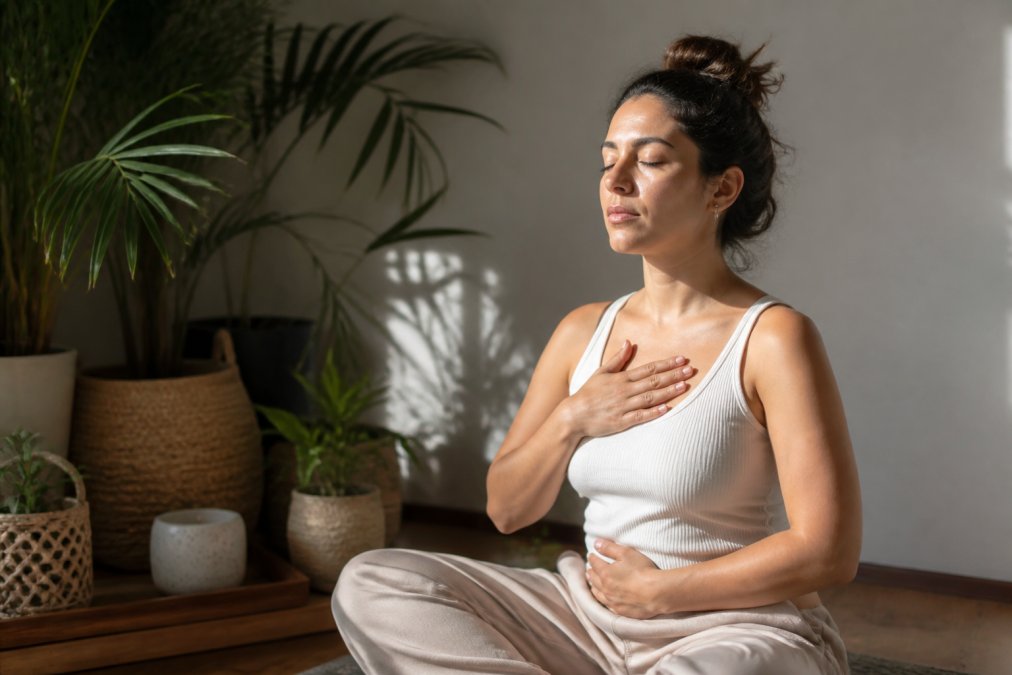 Infographic showing breathing and grounding steps to overcome intimacy blocks for women through nervous system regulation