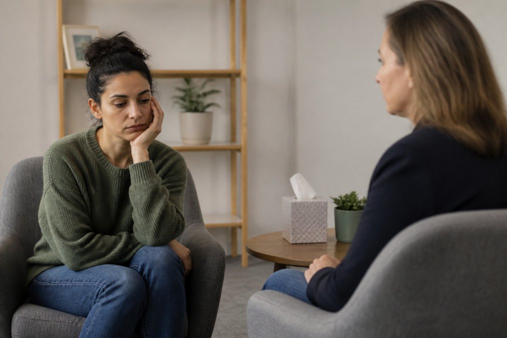 A calm, softly lit therapy space with two armchairs facing each other and a box of tissues on a small side table, conveying safety and quiet reflection