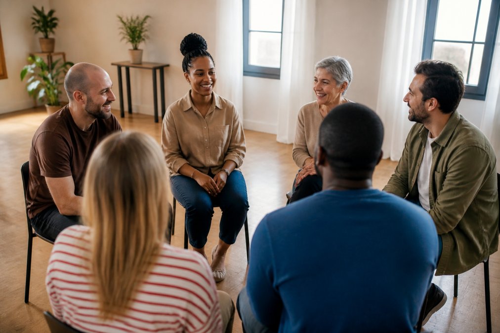 A diverse group of people sitting in a circle during a community meeting or support group, engaged in genuine conversation with open body language and authentic smiles, warm natural lighting
