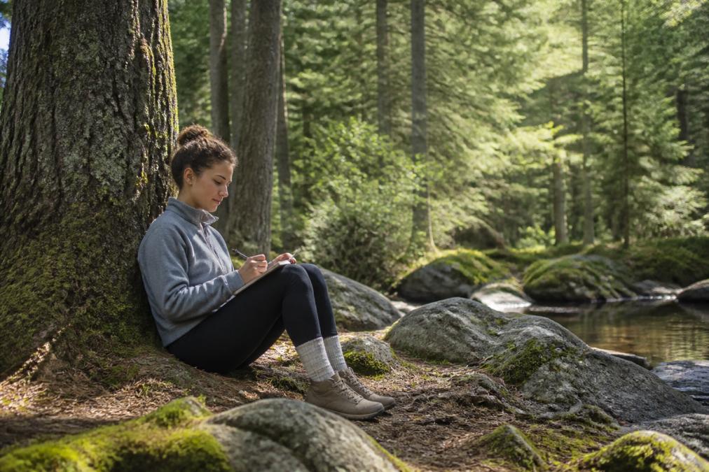 A person sitting peacefully in nature with a journal and pen, reflecting in a quiet forest clearing with soft dappled sunlight, conveying calm and intentional solitude