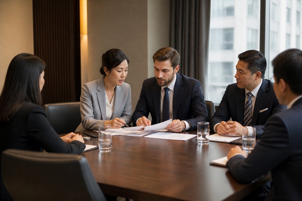 Process flowchart for using professional interpreters to overcome language barriers during international meetings.