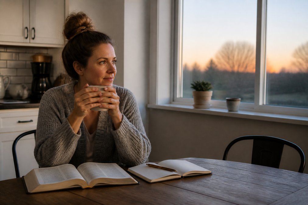 A mother sitting at a kitchen table before sunrise with an open Bible and a journal, holding a mug of coffee in both hands, soft natural light streaming through the window