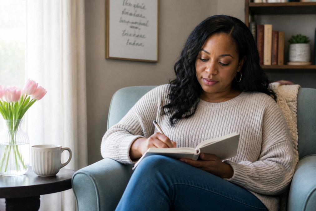 A mom writing in a journal with tea to aid in overcoming negative self talk as a mom in a peaceful, sunlit room.
