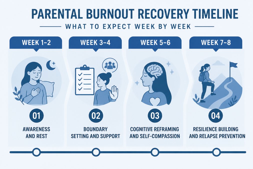 Infographic timeline detailing an 8-week parental burnout recovery process from rest to resilience building.