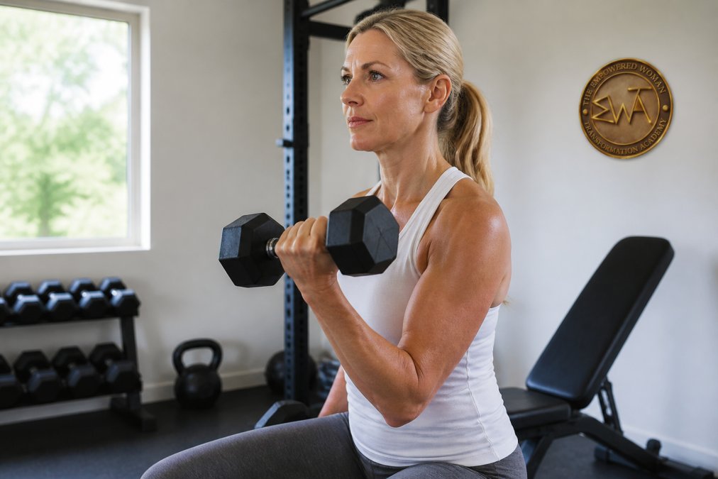 Woman in her 40s performing strength training with dumbbells in a bright home gym, showing focused, deliberate movement and calm confidence
