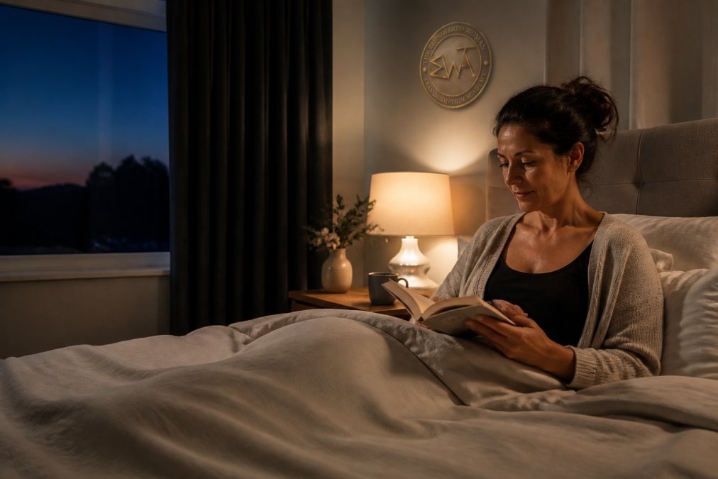 Peaceful bedroom at dusk with soft lighting, blackout curtains, a made bed with quality bedding, and a woman reading while preparing for sleep, conveying calm and intentional rest