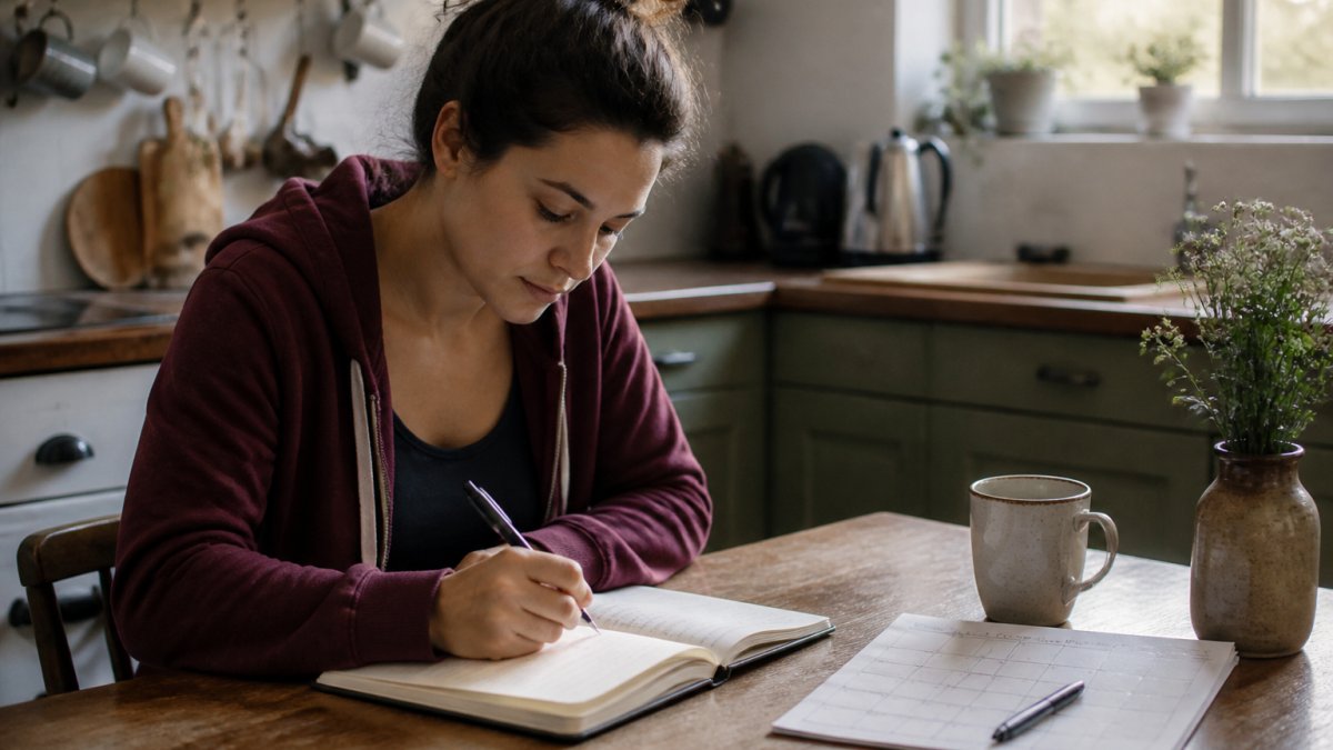 A woman sitting at a kitchen table in soft morning light, writing in a journal with a calendar and pen beside her, a cup of tea nearby