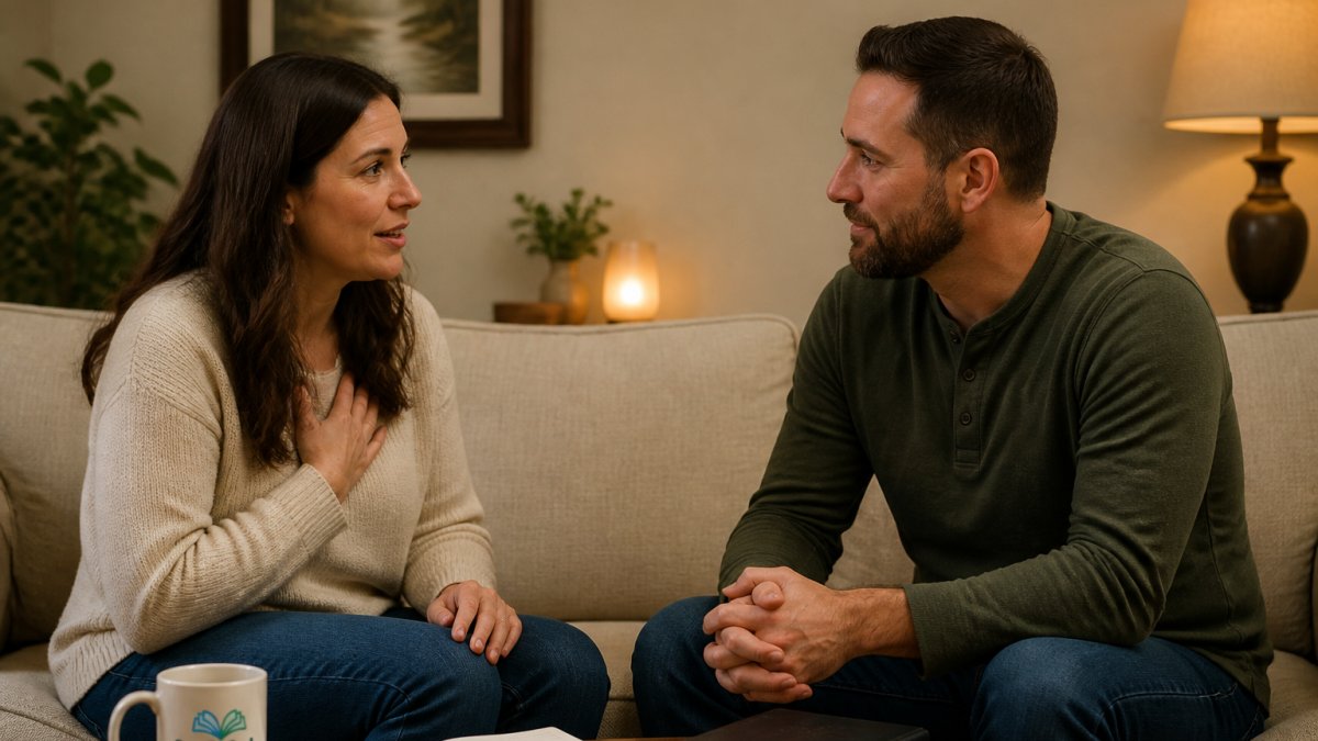 A couple sitting face-to-face on a couch in warm lighting, engaged in conversation with open body language and genuine eye contact, demonstrating active listening