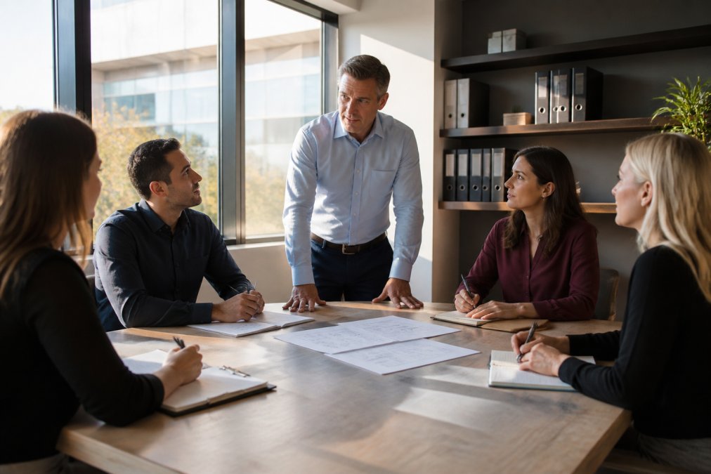 Sales leaders using the ACO framework to guide team discussions on sales change in a professional office setting