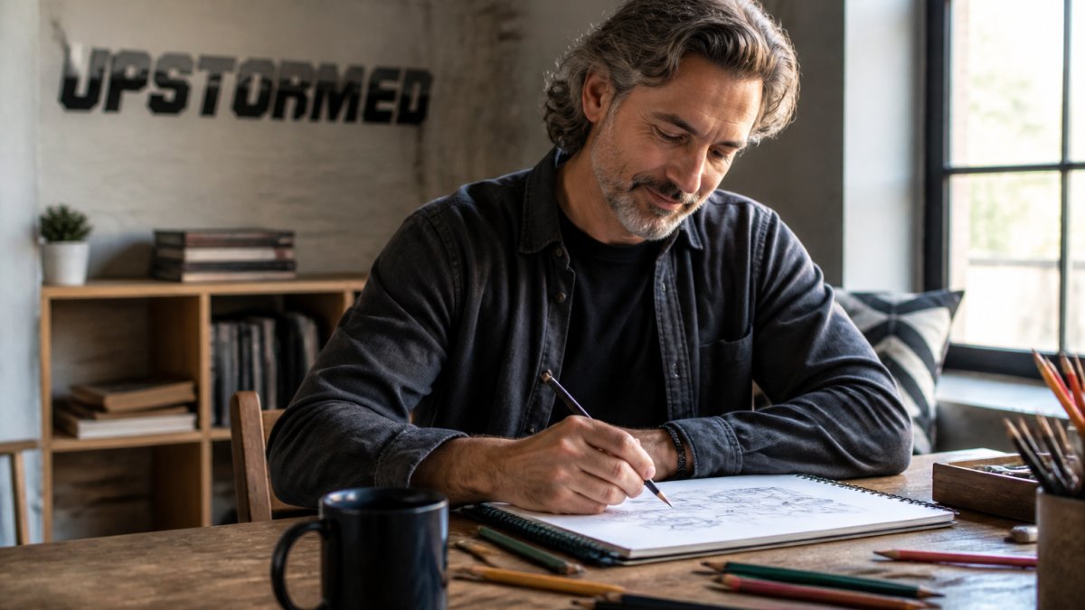 Person in their 40s sketching in a notebook at a desk with coffee in a sunlit home studio