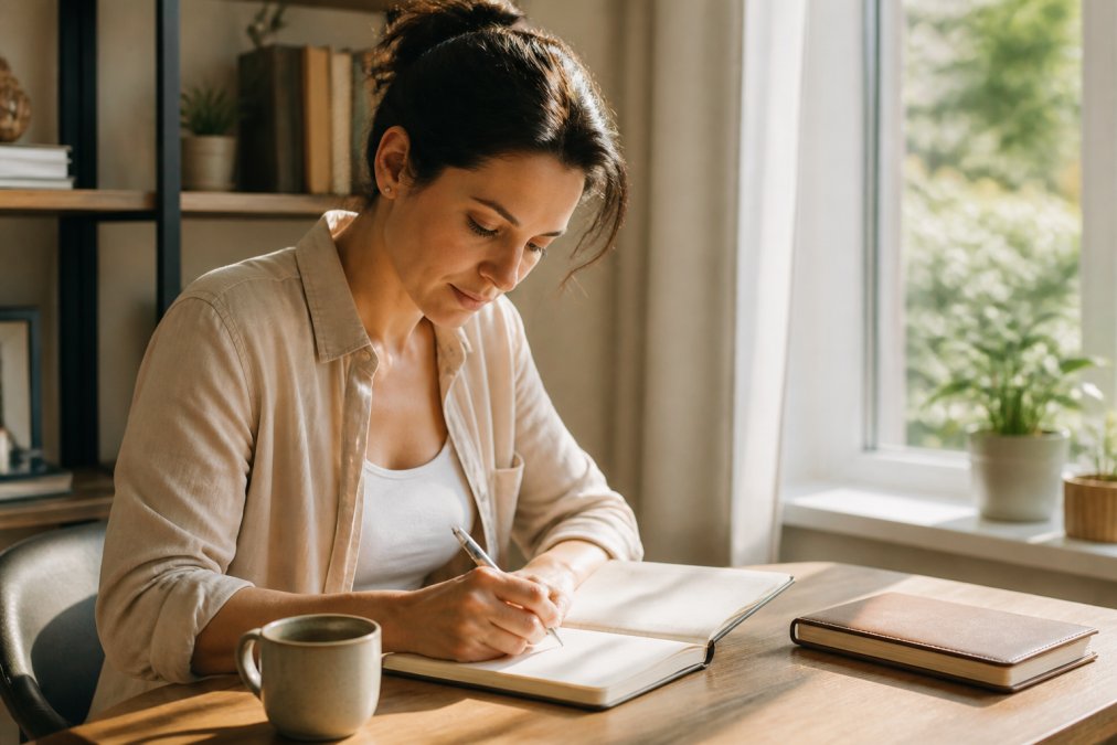 Person writing in a journal or workbook at a desk with morning light streaming through a window, focused and calm, tracking daily progress with pen in hand