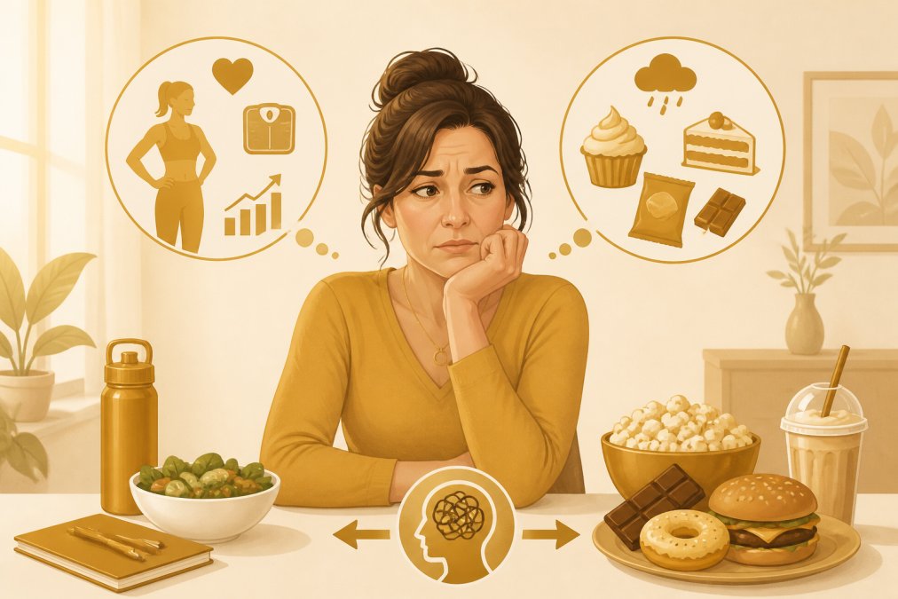 Woman sitting at a table with comfort food nearby, looking thoughtful and conflicted, natural warm lighting from a window, expression showing internal struggle