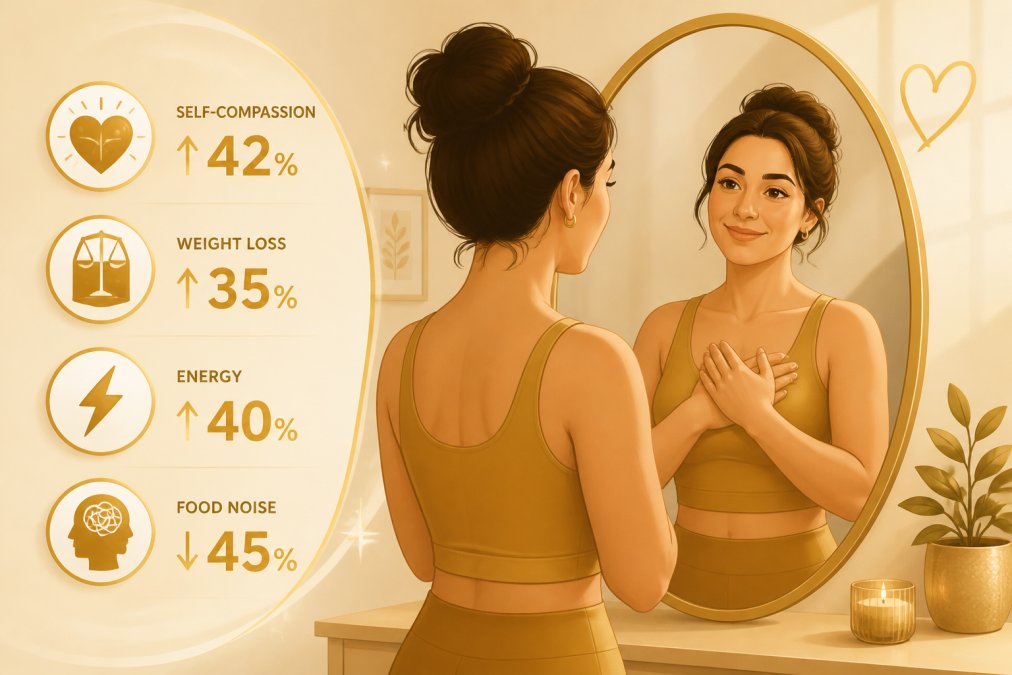 Woman looking in a mirror with a gentle, accepting expression, warm home lighting, showing self-acceptance and compassion toward her reflection
