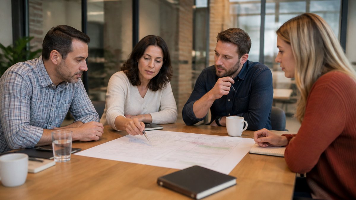 Four-person leadership team reviewing an action plan to overcome a business growth plateau at a conference table.