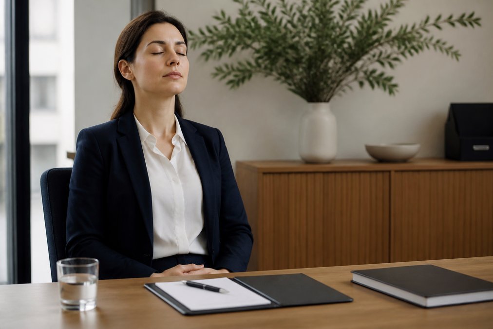A professional woman sitting at a desk in a calm office, eyes closed, hands resting on her lap, practising deep breathing before a meeting
