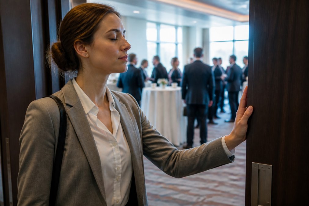 A professional pausing to take a slow, deliberate breath before entering a bright, crowded conference room, hand resting on the door frame
