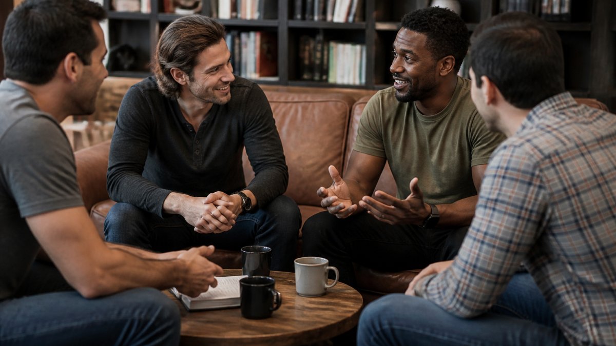 Infographic mapping the steps to build supportive circles and overcome societal pressure for men through connection.