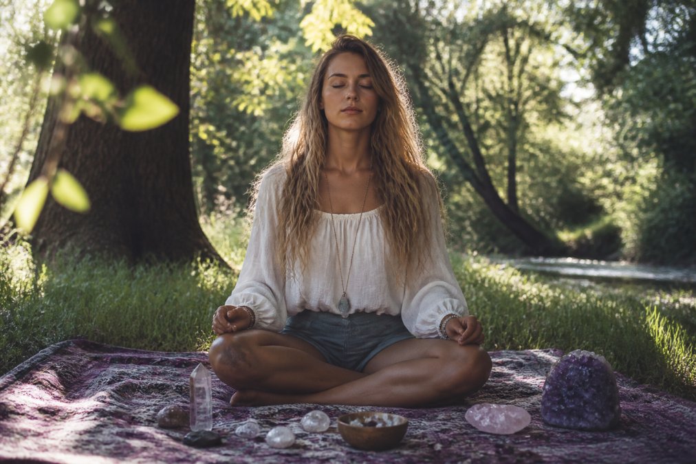 Person practicing grounding meditation on grass with crystals to heal spiritual isolation starseed energy