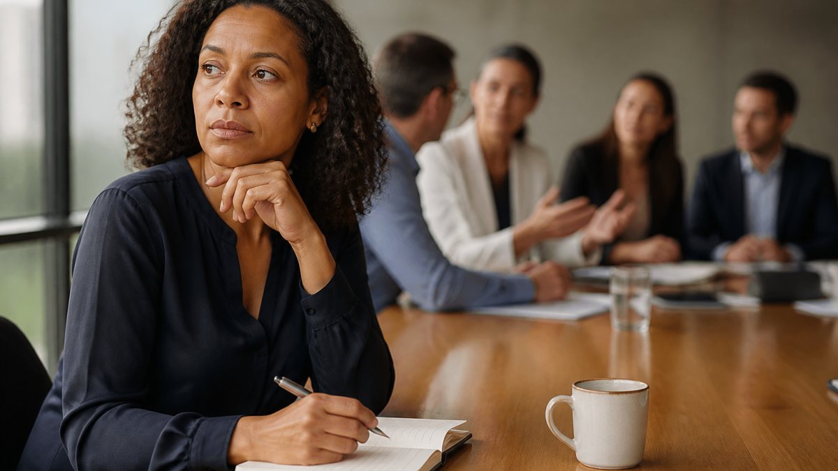 A woman leader at a conference table pausing thoughtfully with a notebook, colleagues blurred in the background during a discussion