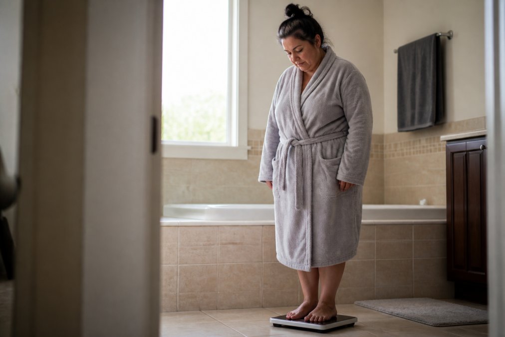 A woman in her mid-forties standing on a bathroom scale in soft morning light, looking down with a tired, resigned expression, robe and bare feet, bathroom tiles and a folded towel visible behind her