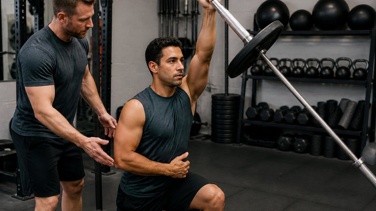 Person performing a controlled landmine press in a modern gym setting for shoulder rehabilitation