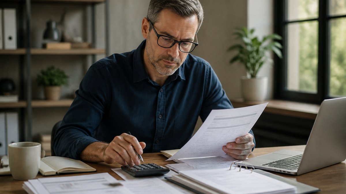 Small business owner reviewing financial statements and expense reports at desk with calculator and laptop, natural office lighting