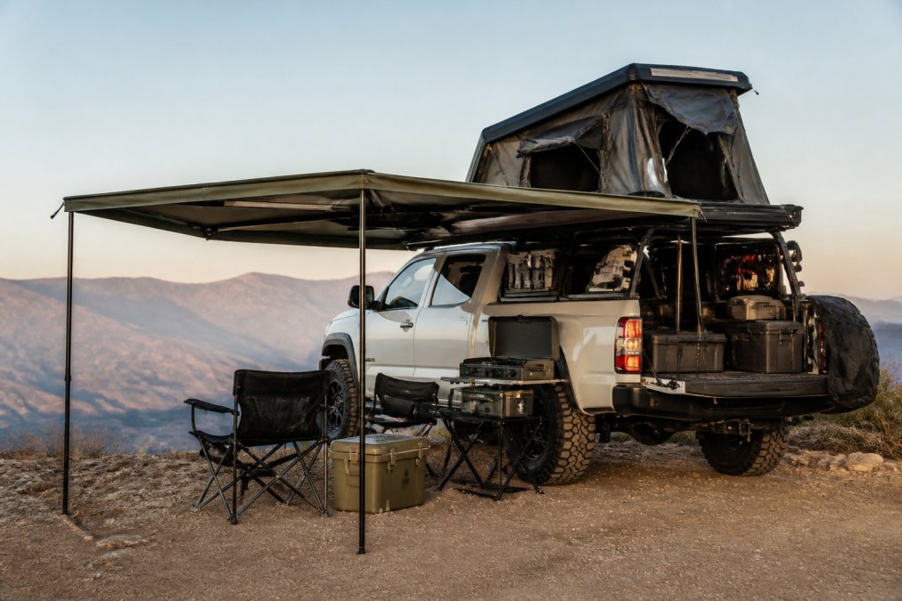 A truck parked at a mountain overlook with a hardshell rooftop tent open and an awning deployed, showing a fully set up overlanding base camp with camping chairs and gear organized below