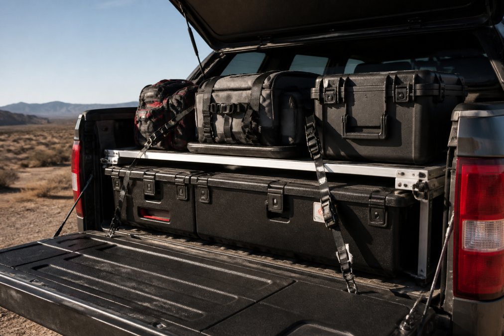 Close-up view of an open truck bed with modular storage boxes, gear boxes, and organized equipment neatly arranged and secured with tie-down straps