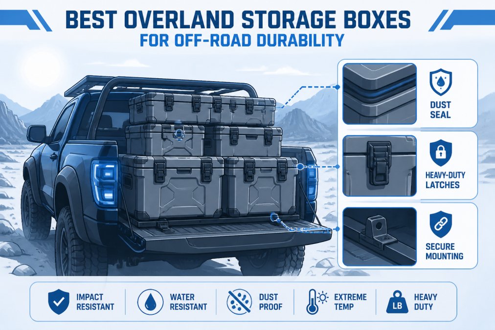 Rugged truck bed equipped with gray overland storage boxes stacked and secured, showing dust-proof seals and heavy-duty latches in a desert trail environment with harsh sunlight