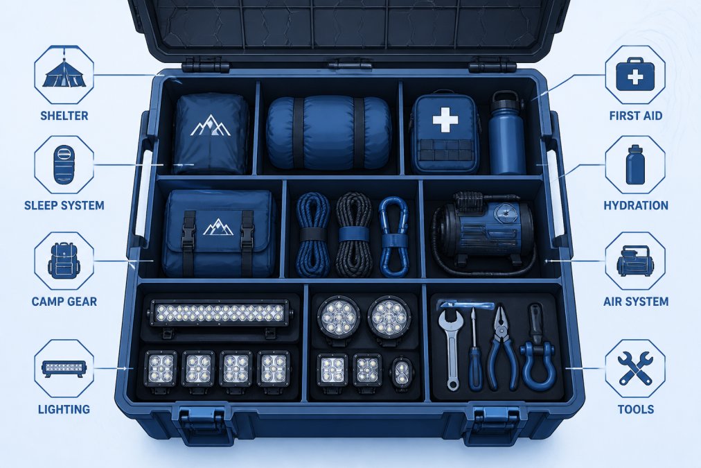 Organized gear neatly arranged inside an open storage box with internal dividers, showing camping equipment, tools, and supplies properly compartmentalized for quick access on an expedition