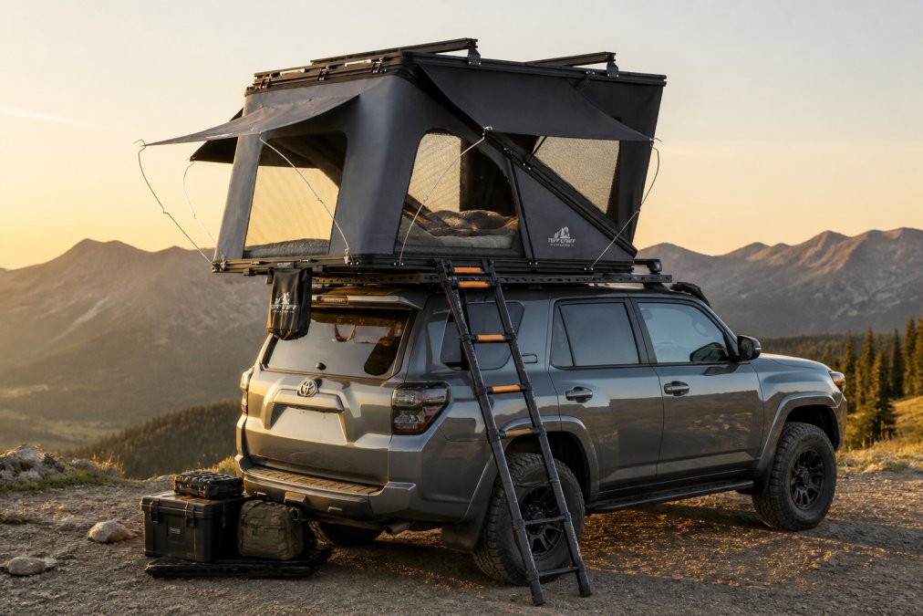 A 2026 Toyota 4Runner parked at a mountain overlook at golden hour with a hardshell rooftop tent fully deployed, showing the interior bedding and dual-opening configuration, with overlanding gear organized on the ground nearby