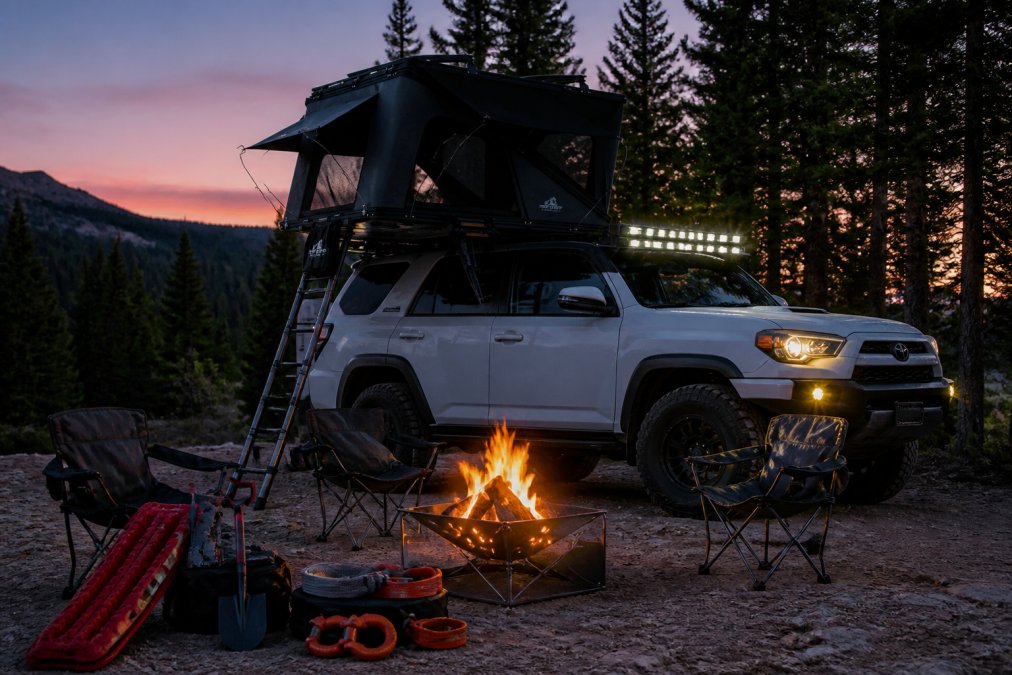 An overlanding basecamp at dusk with a portable campfire pit burning with flames visible, surrounded by camping chairs and recovery gear organized on the ground, a 2026 Toyota 4Runner visible in the background with auxiliary lighting on