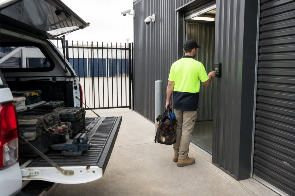 A tradie's ute parked at a secure gated storage facility with CCTV cameras mounted on the perimeter fence, showing the tradie loading tools into a modern storage unit with a PIN code access panel