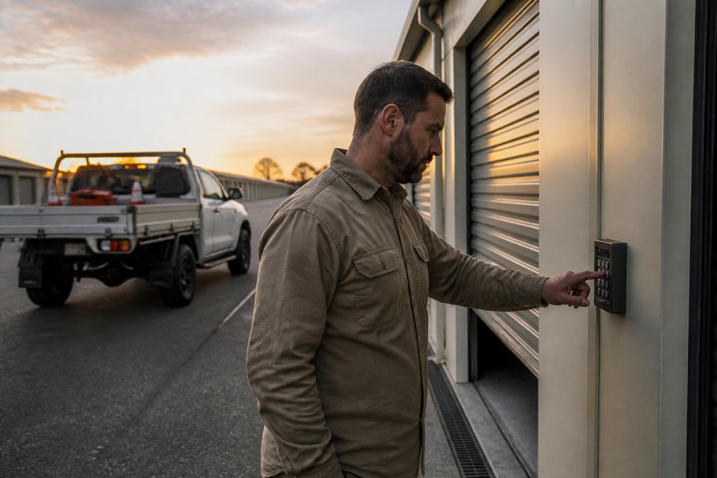 An early morning scene showing a tradie in work clothes using a PIN code entry panel to access a storage unit, with dawn light breaking across the facility and the tradie's ute visible in the background ready for loading