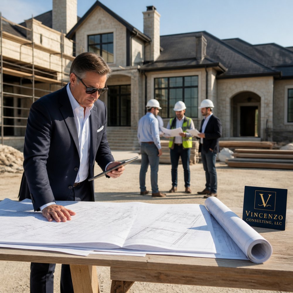 A professional consultant in a tailored suit reviewing blueprints alongside a tablet on-site at a luxury estate under construction, architects and contractors conferring in the background under bright daylight