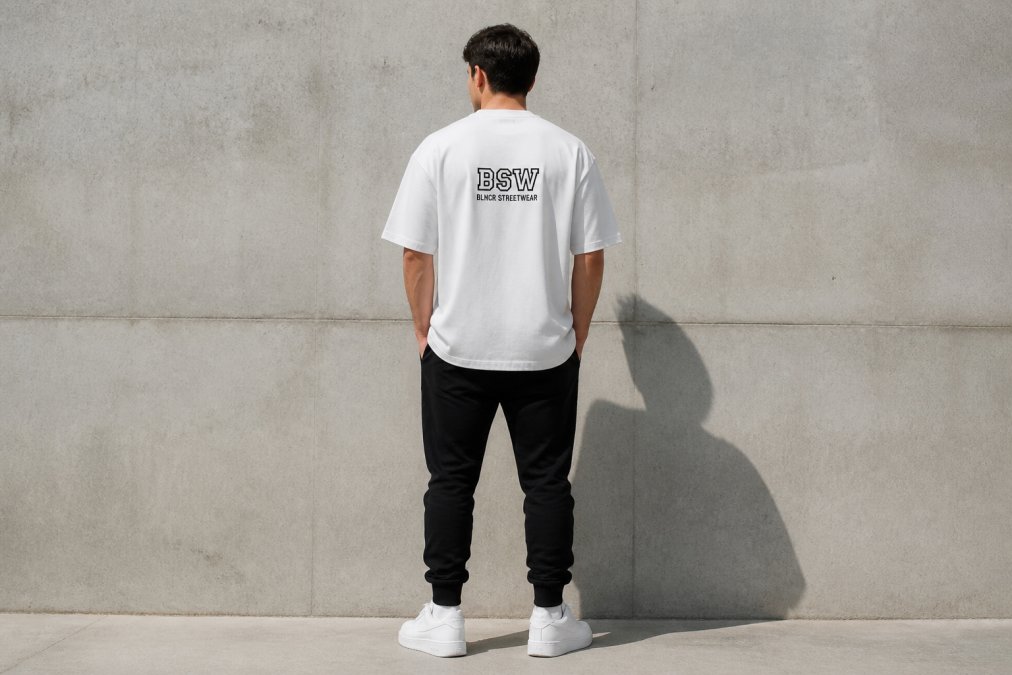 Full-body shot of a person wearing a boxy oversized tee with a subtle back print, paired with fitted black joggers and white trainers, standing in natural daylight against a neutral background