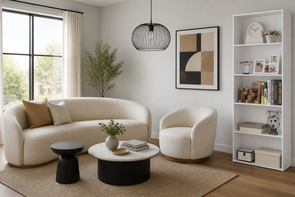 Modern living room with sleek contemporary furniture including a curved sofa in neutral tones, minimalist accent tables, statement pendant lighting, and geometric wall art arranged in a bright, open space with natural window light