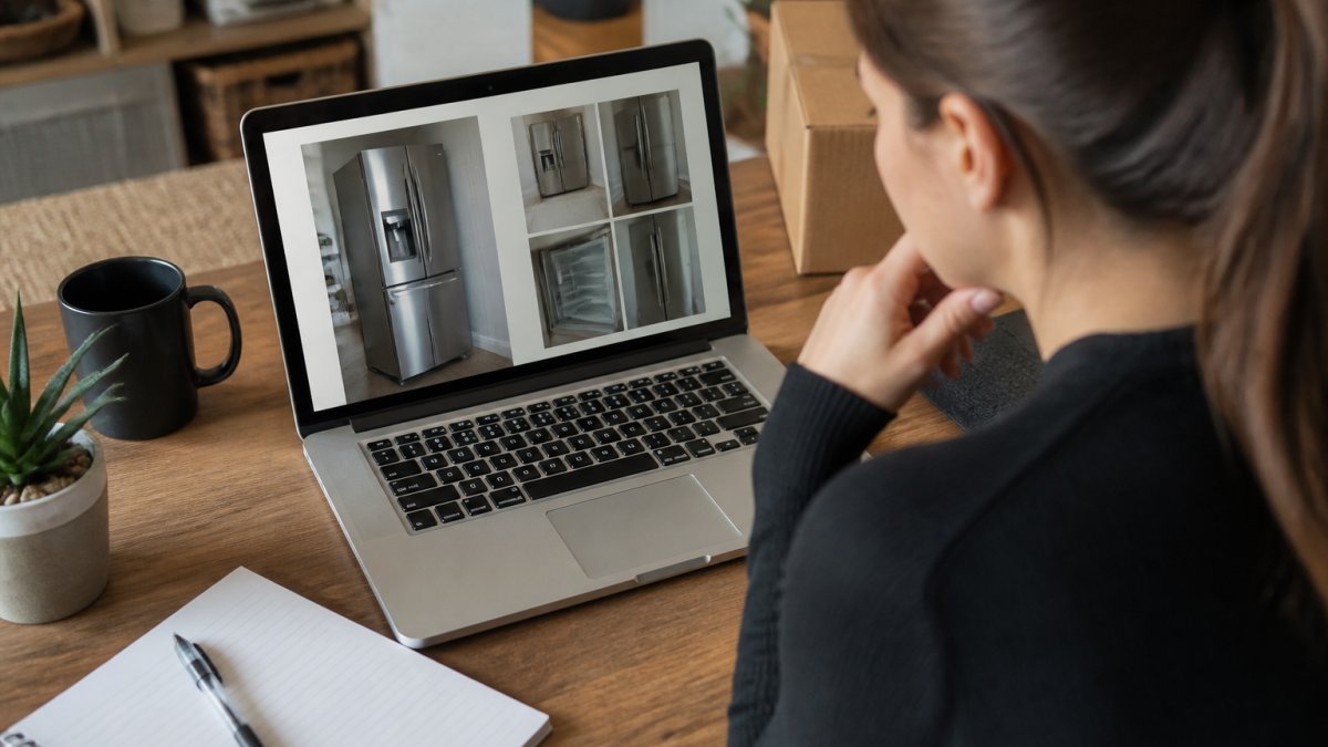 A person sitting at a desk, closely examining photos of a stainless steel refrigerator on a laptop screen, with a notepad and pen nearby for taking notes on condition details