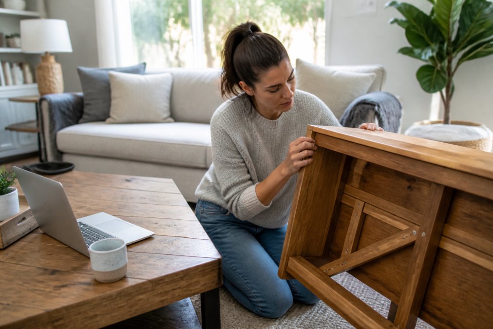 A person in a bright living room inspecting the joint and finish of a wooden furniture piece, with a laptop showing product reviews open on the coffee table nearby