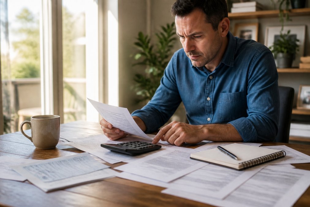 Focused person reviewing legal documents and calculating OWI lawyer cost at a wooden desk