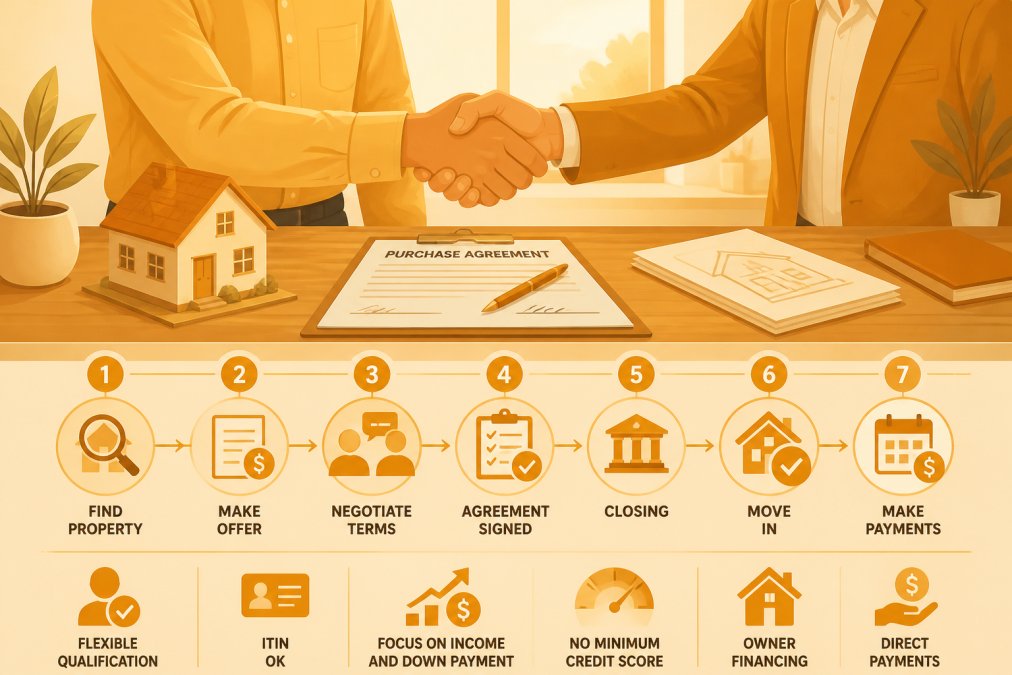 Professional handshake between buyer and seller at wooden table with paperwork, house model, and pen in natural office lighting
