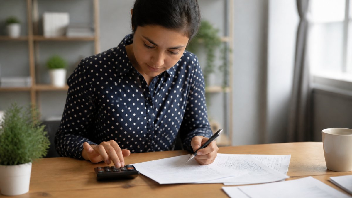 Homebuyer reviewing loan documents and payment calculations at a desk with a calculator, pen, and property paperwork under natural office lighting