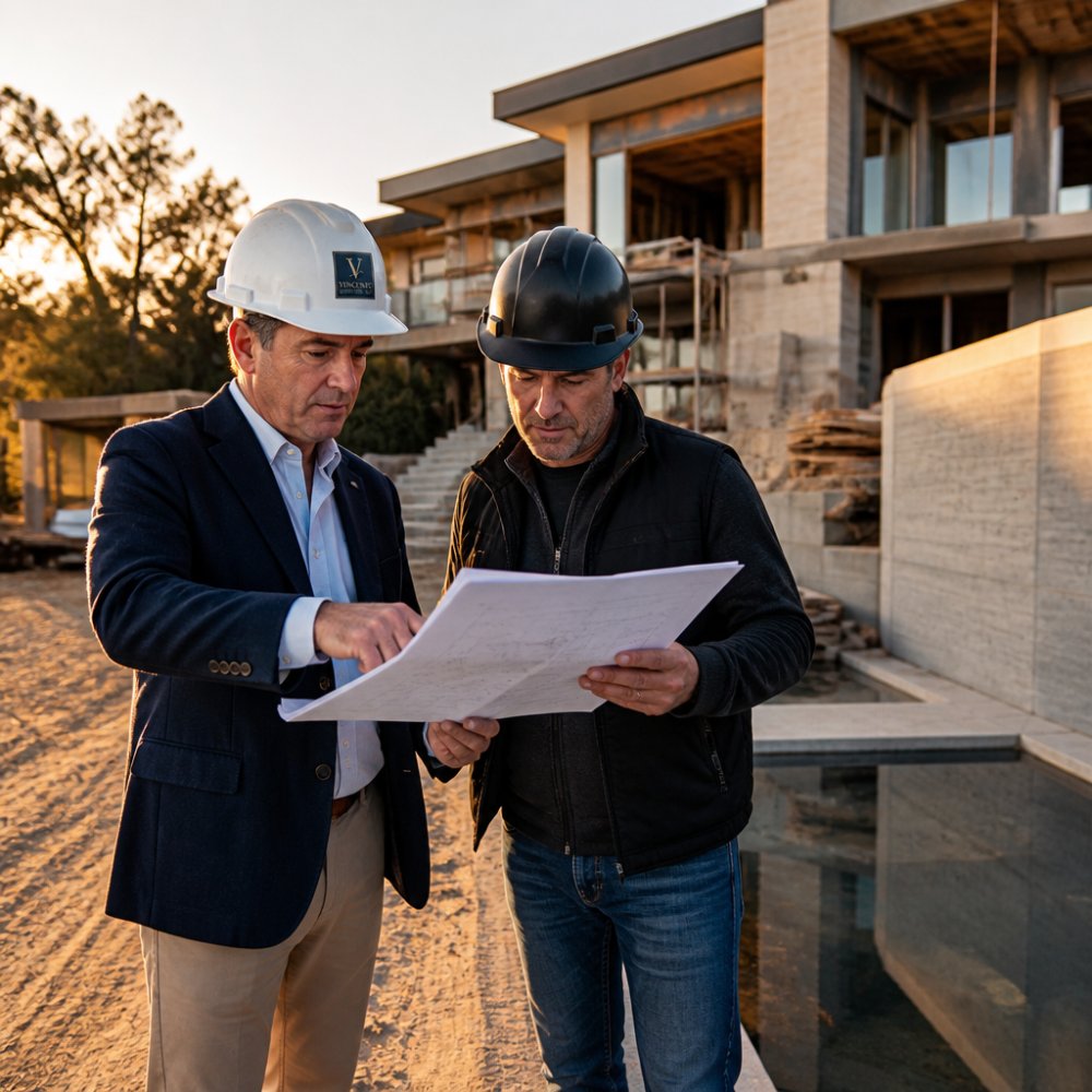 Owner representative and general contractor reviewing construction plans on a luxury job site at golden hour