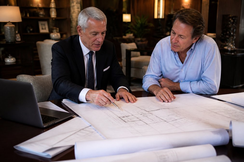 A well-dressed executive consultant reviewing architectural drawings with a property owner at a large conference table, with blueprints and a laptop open in a high-end office setting, warm overhead lighting illuminating detailed plans