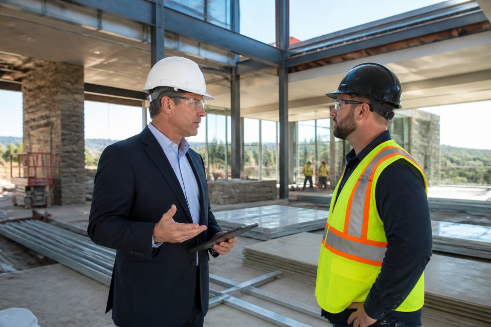 A professional in a hard hat and business attire conducting a walkthrough on an active luxury construction site, tablet in hand, speaking with a general contractor amid steel framing and high-end finishes under bright midday site lighting