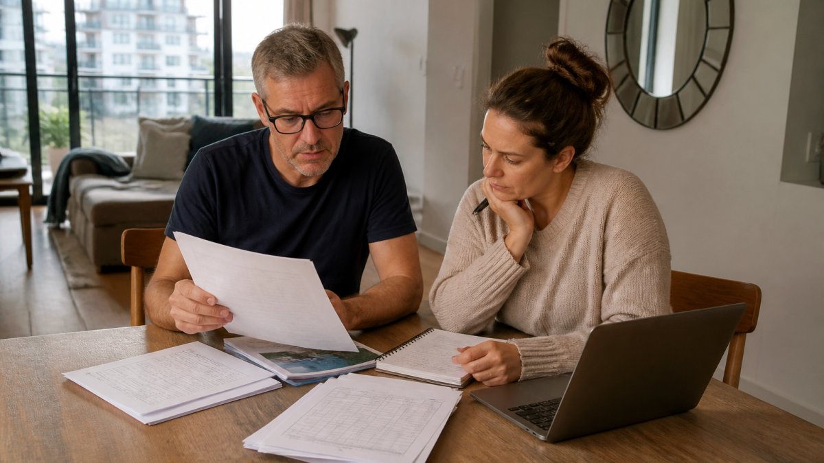 Two committee members reviewing strata management fee proposals and a spreadsheet at a dining table in a residential apartment, documents and a laptop visible