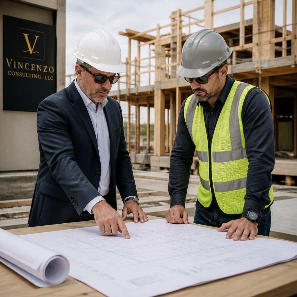 Professional owner's representative and general contractor reviewing construction plans and blueprints on-site with building framework visible in background, natural daylight