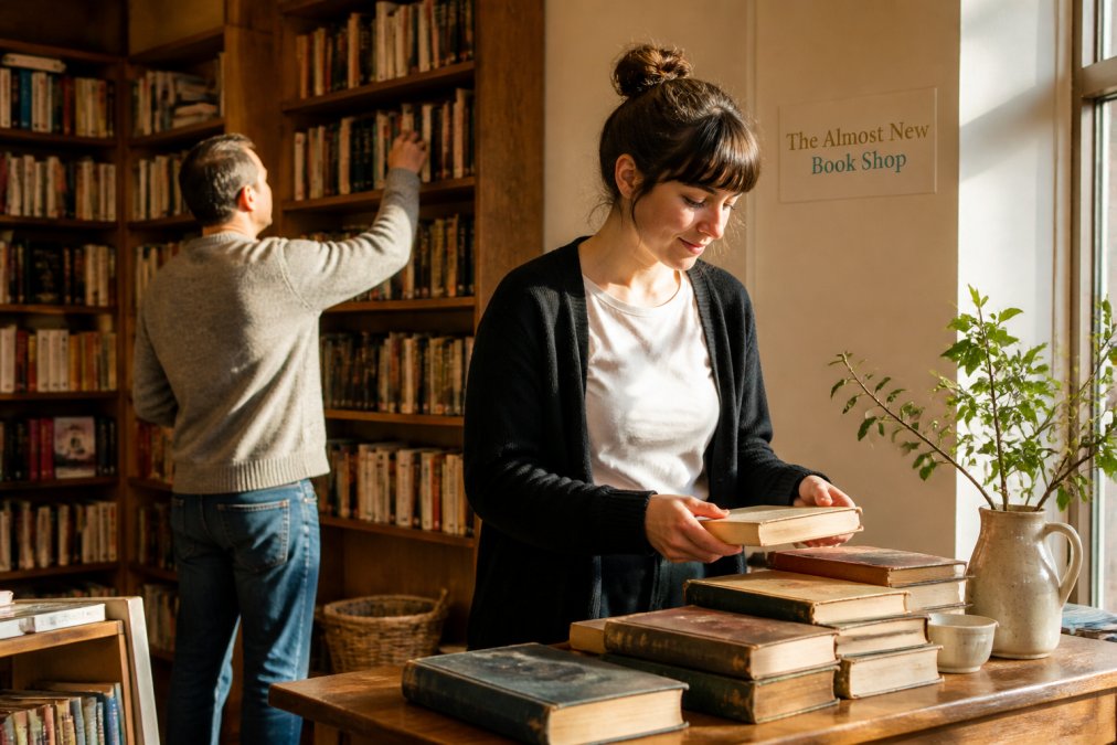 A cosy independent bookshop interior with wooden shelves, a hand-written staff recommendation card tucked into a paperback, and warm afternoon light falling across a stack of second-hand novels
