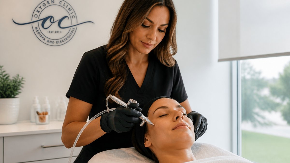 Professional demonstrating oxygen facial treatment technique in modern clinical setting with handheld device delivering oxygen and serum to facial skin under natural lighting